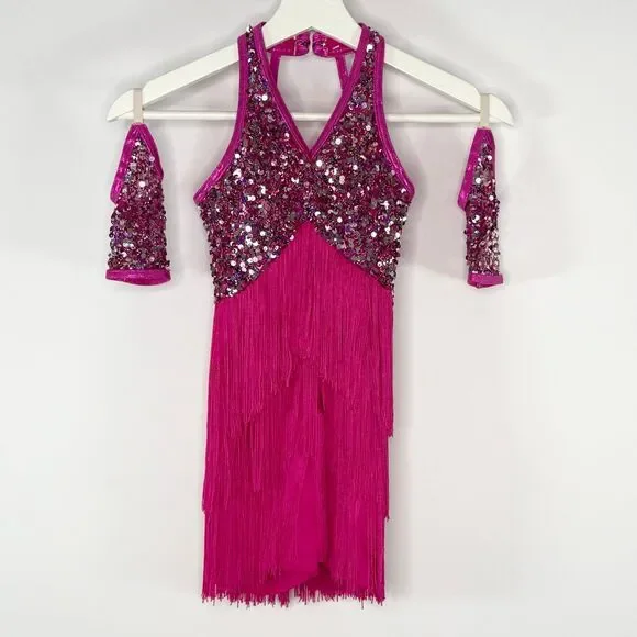 Weissman Showtime Fuschia Pink Sequin Dance Costume US Size IC 7-8 Intermediate - Picture 3 of 11